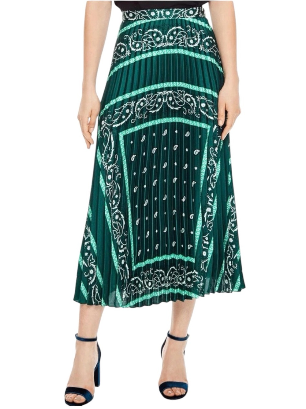 SANDRO Green Paisley Pleated High Waisted Midi Skirt Size 0